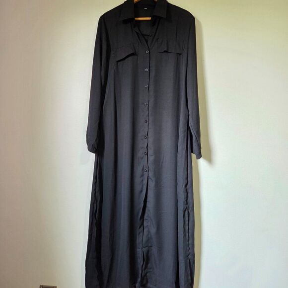 EUC LIKE NEW MINIMALIST SHEER BLACK LONG SLEEVES BUTTON DOWN MAXI DRESS SZ LARGE - Picture 1 of 16